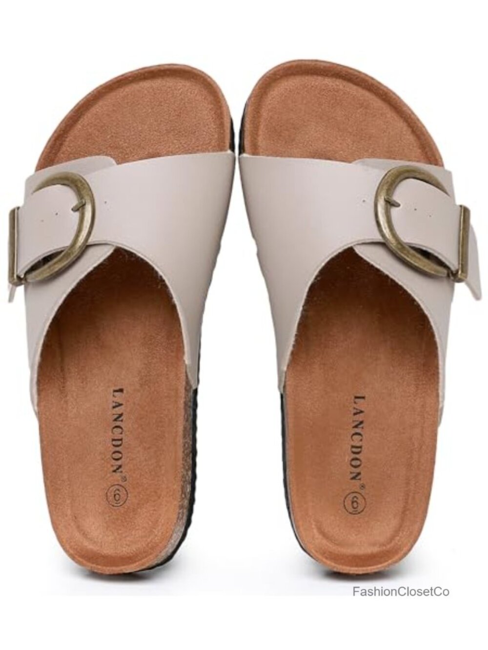 Women's Wide Width Slide Sandals with Cork Footbed & Adjustable Buckle Strap -
